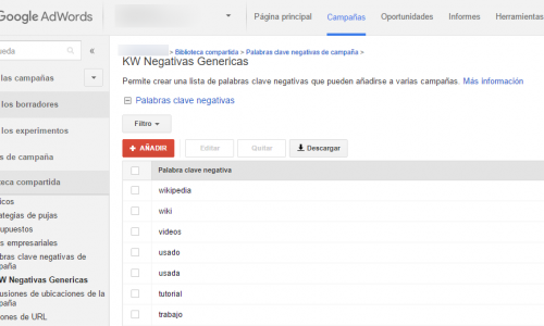 Listas básicas de Palabras Clave Negativas en Google Adwords