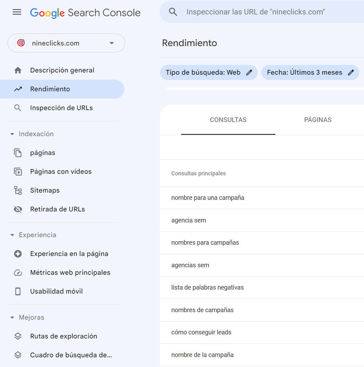 Consultas de los usuarios - Google search console - nineclciks agencia seo en asturias