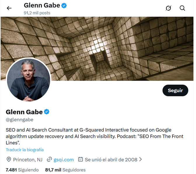 Perfil en X de Glenn Gabe Seo andIA Consultant